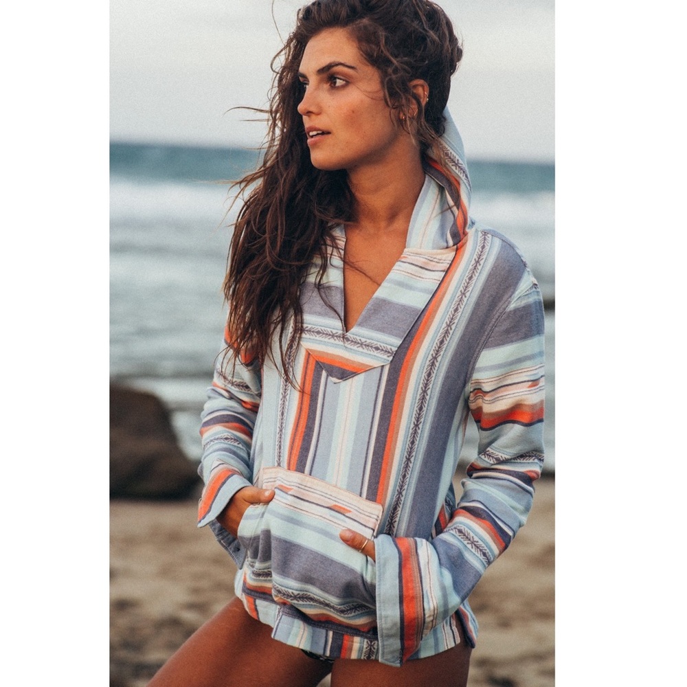 Faherty Striped Baja Hoodie in Light Blue, Gray & Orange